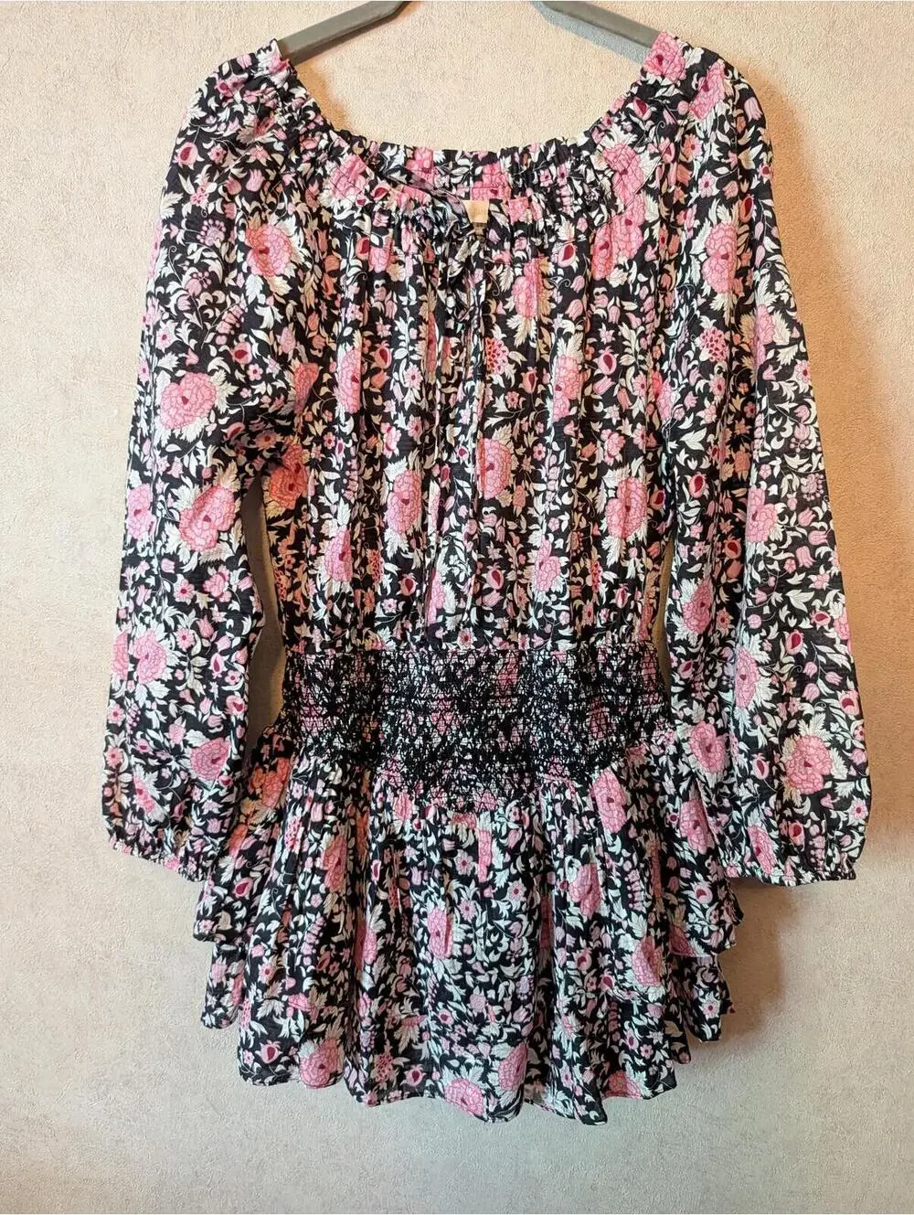 LOVESHACKFANCY Netra black pink long sleeve floral mini dress sz XS - Picture 2 of 7
